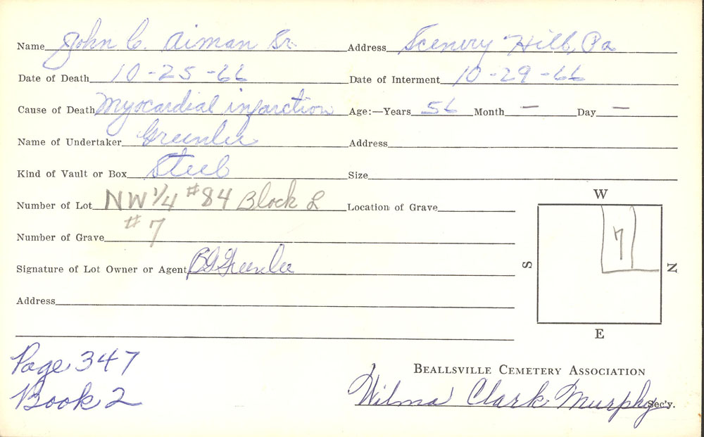 John C. Aiman Sr. burial card